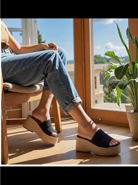 Black Platform Woven Slide Sandals